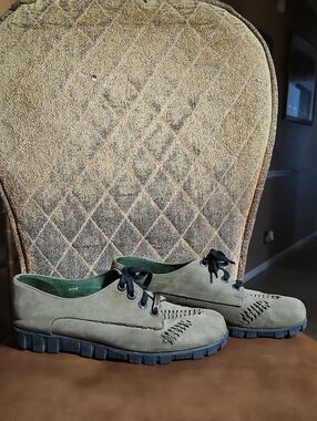 Vintage Famolare Olive Green Leather Lace Up Loafers Shoes Made In Italy